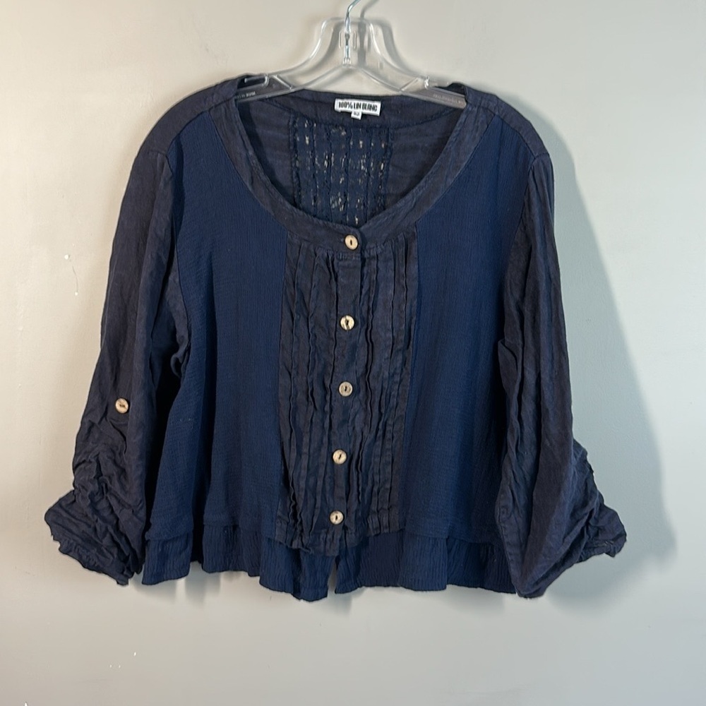 100% Lin Blanc Navy Linen And Lace Button Down Top Blouse Size 52